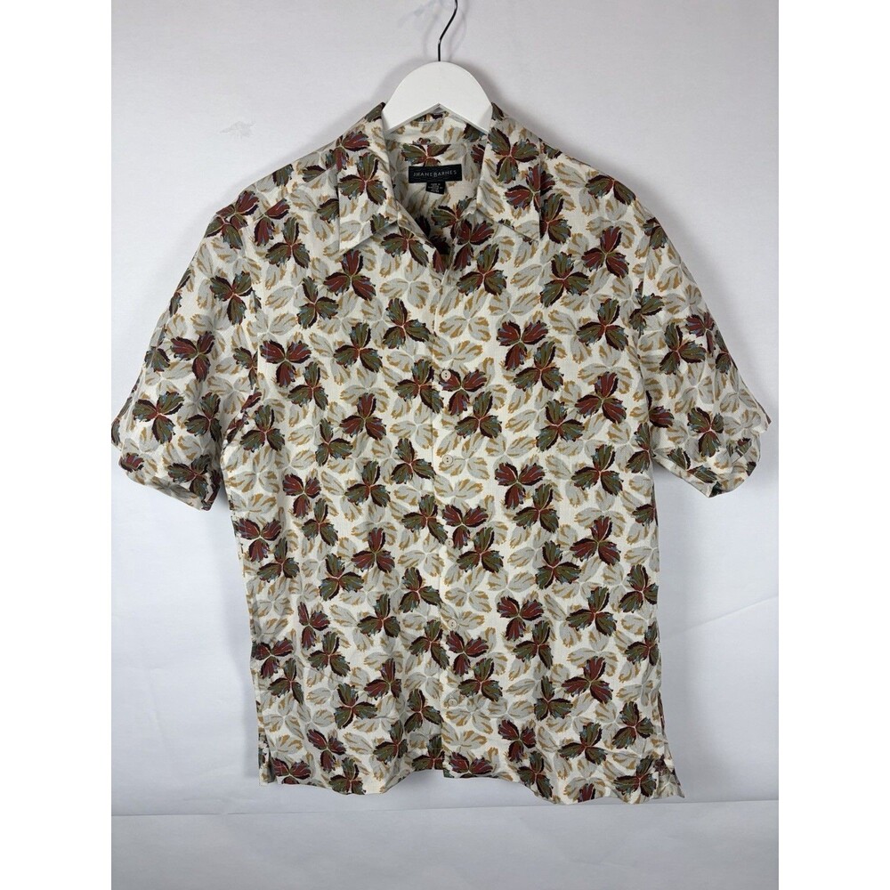 Jhane Barnes Mens M Silk Linen Shirt Floral Short Sleeve Button Up Abstract 90s